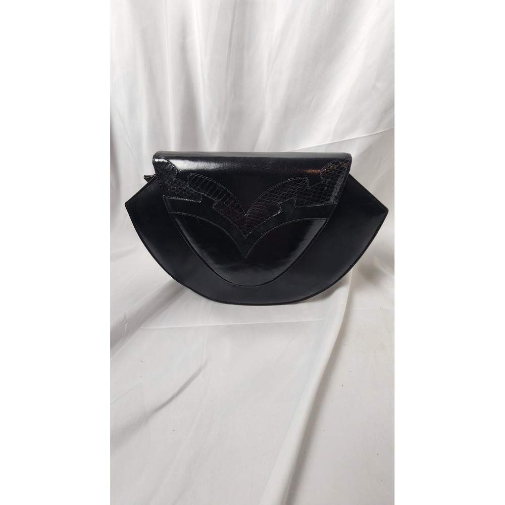 Jasmin Vintage 80s Snakeskin Leather Clutch Bag Black Goth Steampunk Half Moon